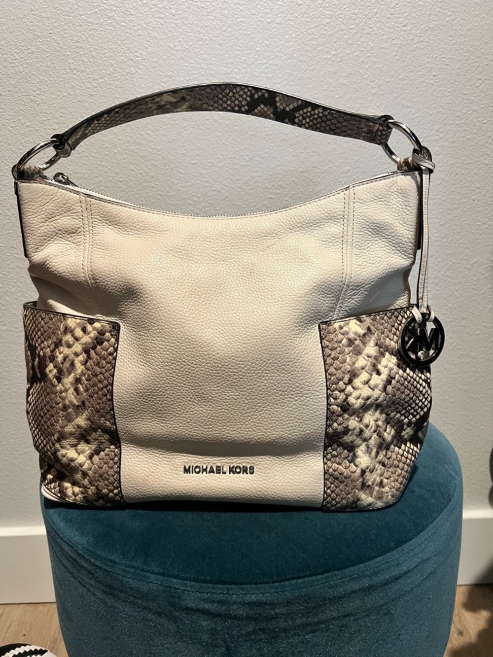 Michael Kors Cream Leather Shoulder Bag with Snake-Print Trim